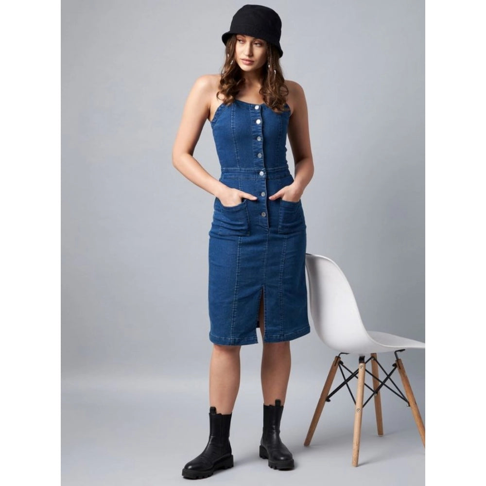 Women'S Denim Lycra Solid Square Neck Shoulder Straps Dress (B