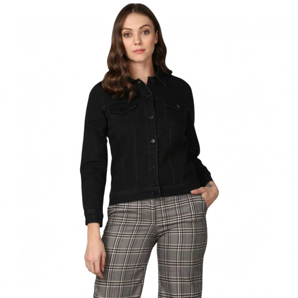 Women'S Denim Solid Long Sleeve Jacket (Black)