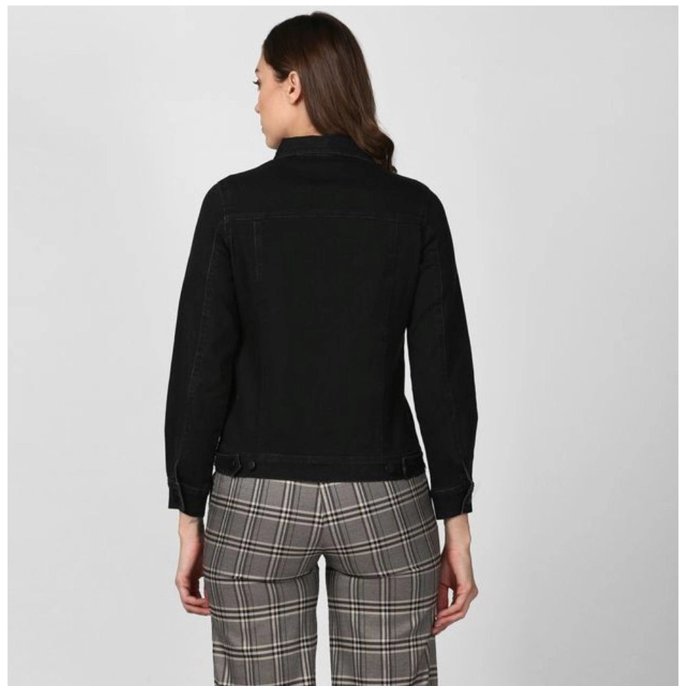 Women'S Denim Solid Long Sleeve Jacket (Black)