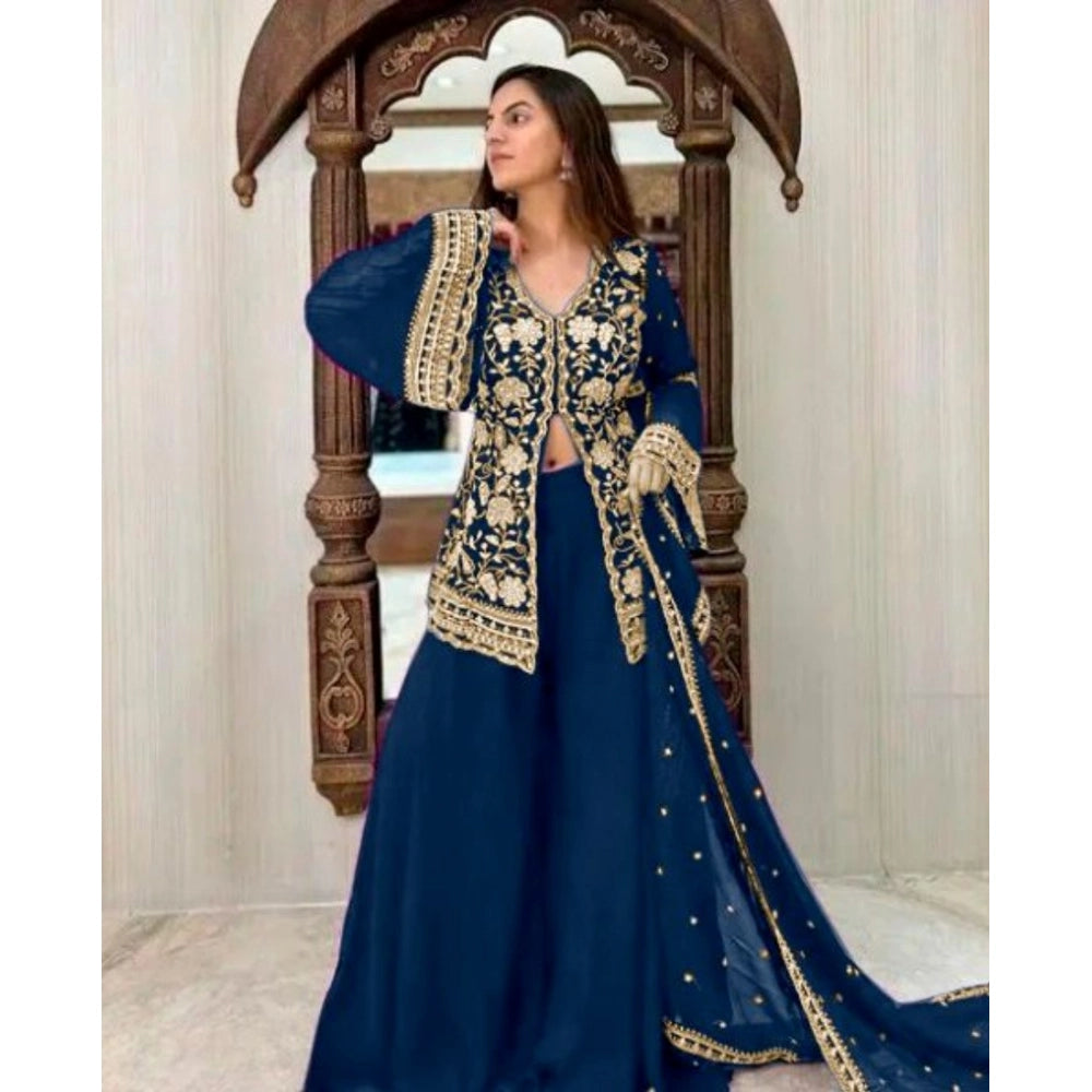 Women's Georgette Embroidery 3-4th Sleeve V-Neck Kurti, Palazzo And Dupatta Set (Morpich) - VANSHELLE