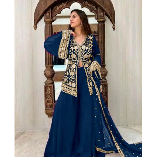 Women's Georgette Embroidery 3-4th Sleeve V-Neck Kurti, Palazzo And Dupatta Set (Morpich) - VANSHELLE