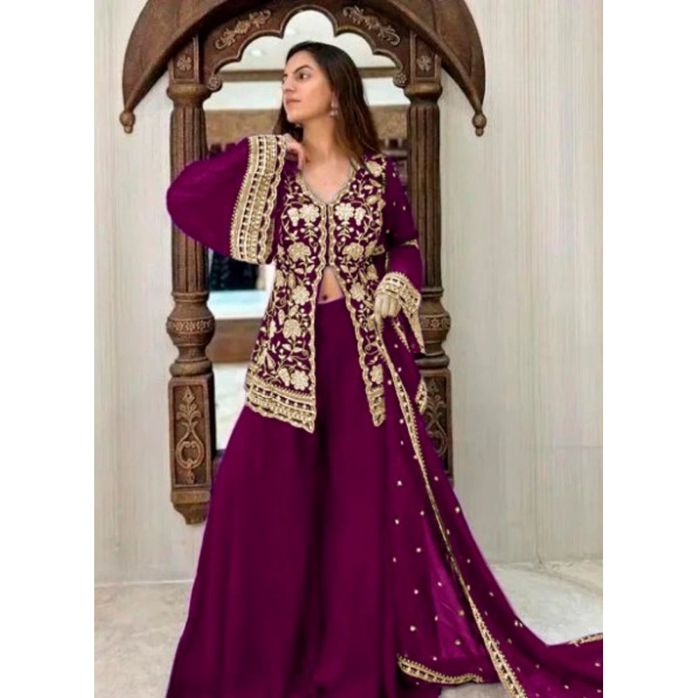 Women'S Georgette Embroidery 3-4Th Sleeve V-Neck Kurti, Palazz