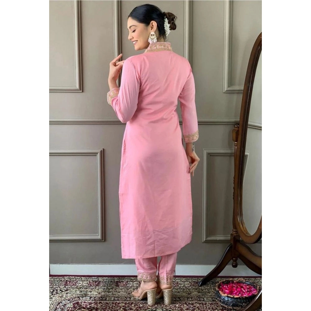 Women's Roman Silk Embroidery 3-4th Sleeve V-Neck Kurti With Pant Dupatta Set (Pink) - VANSHELLE