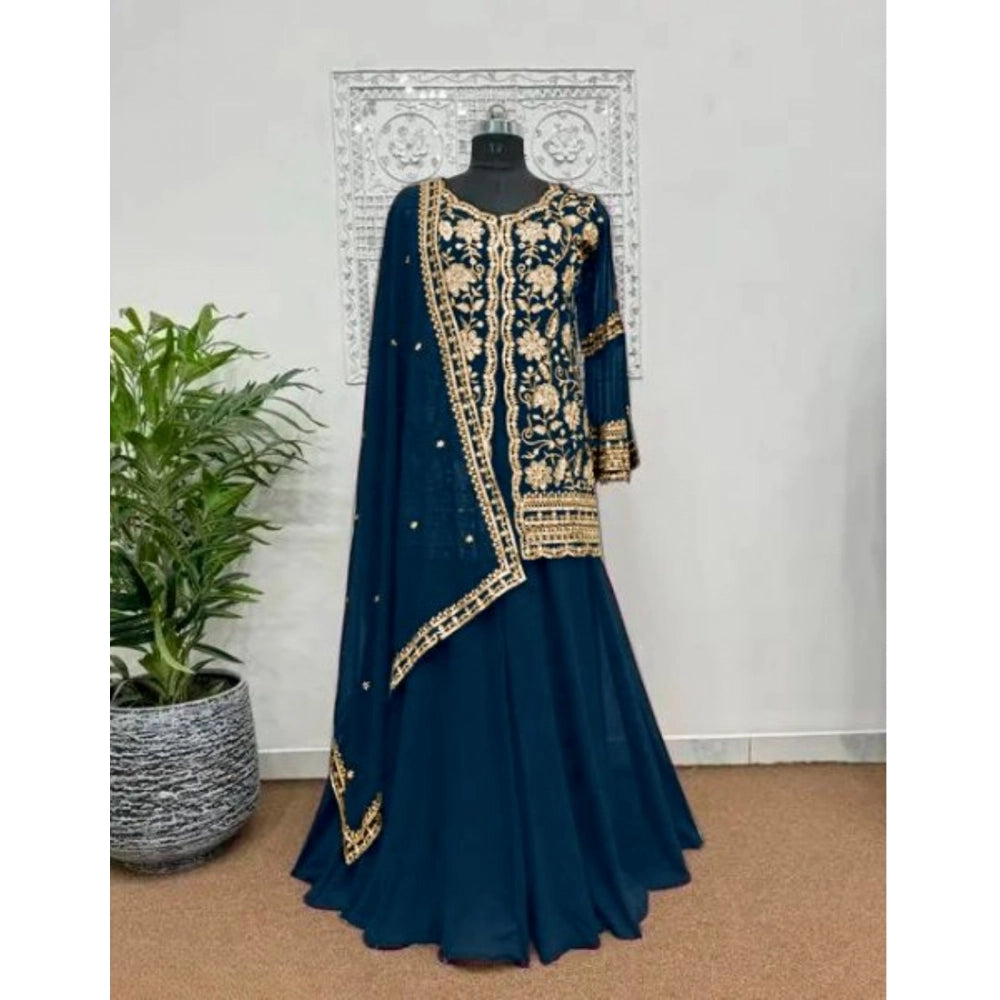 Women's Georgette Embroidery 3-4th Sleeve V-Neck Kurti, Palazzo And Dupatta Set (Morpich) - VANSHELLE