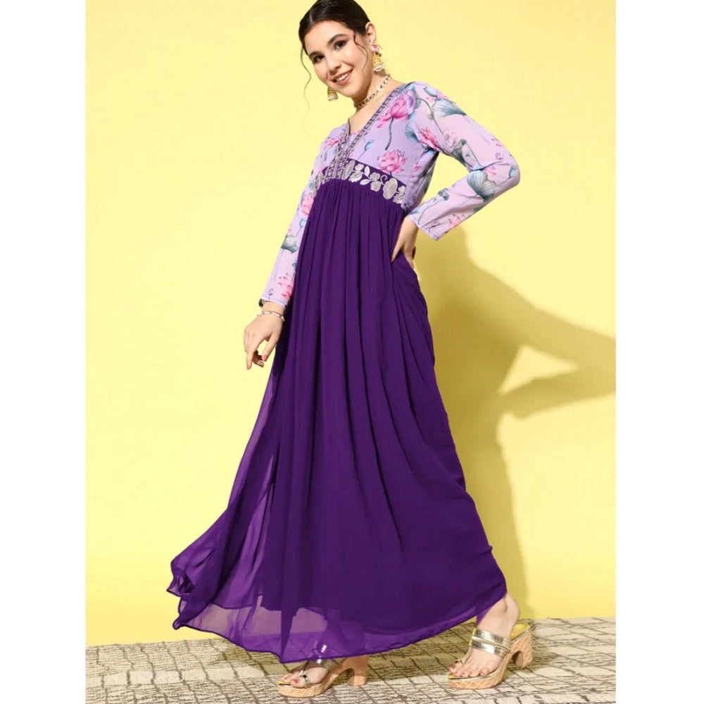 Women'S Georgette Embroidery 3-4Th Sleeve V-Neck Kurti (Purple