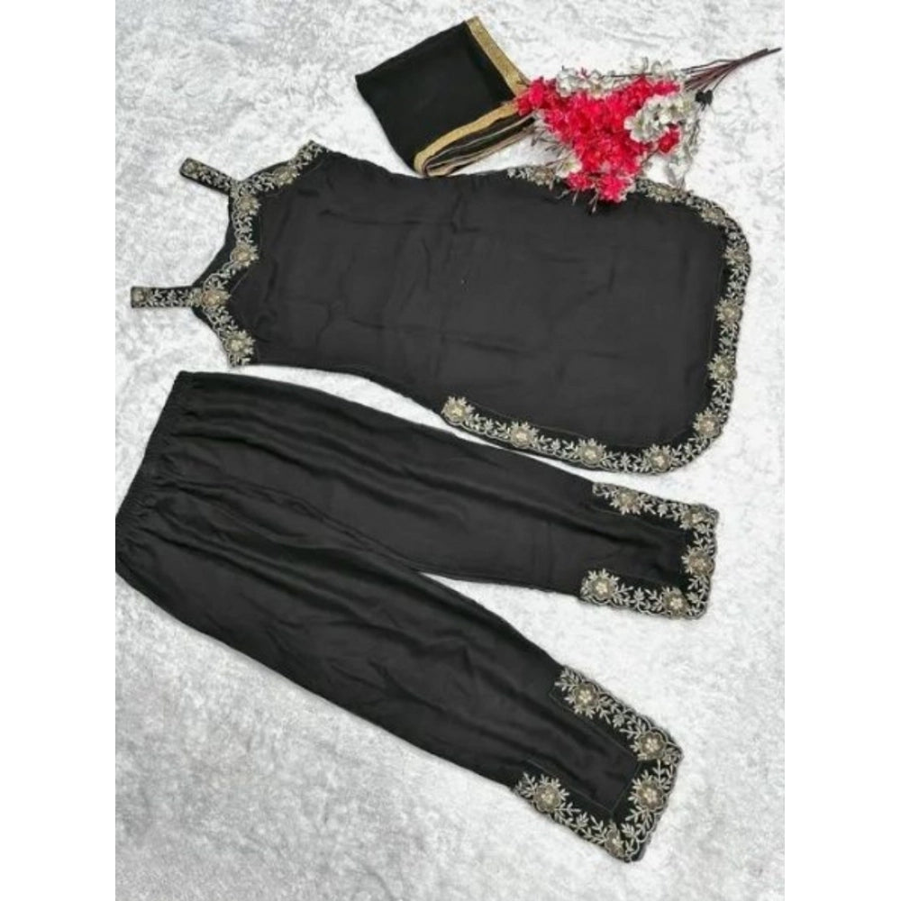 Women's Georgette Embroidery Sleeveless Round Neck Kurti, Palazzo And Dupatta Set (Black) - VANSHELLE