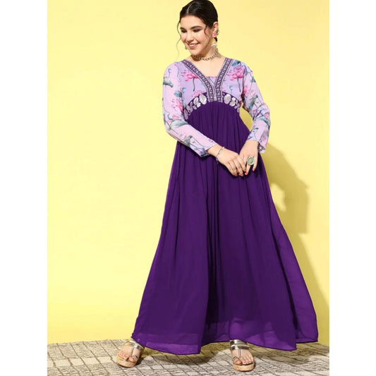 Women'S Georgette Embroidery 3-4Th Sleeve V-Neck Kurti (Purple