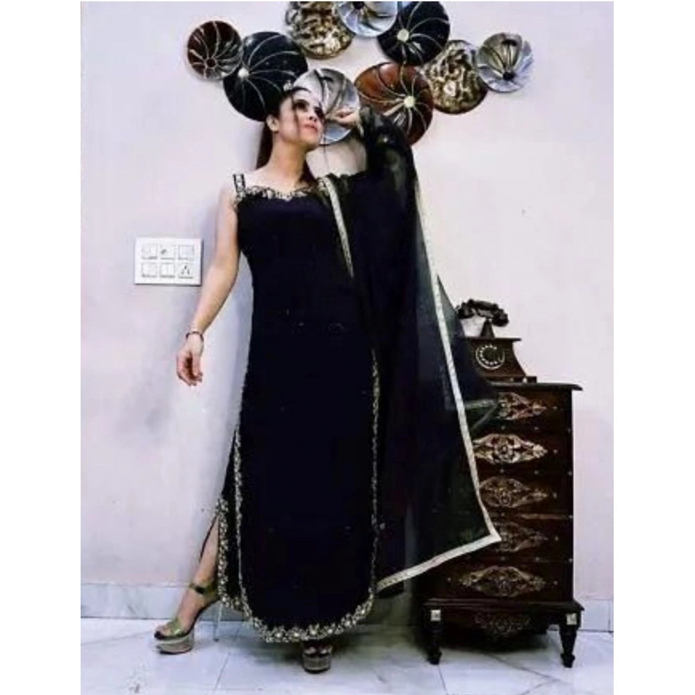 Women's Georgette Embroidery Sleeveless Round Neck Kurti, Palazzo And Dupatta Set (Black) - VANSHELLE