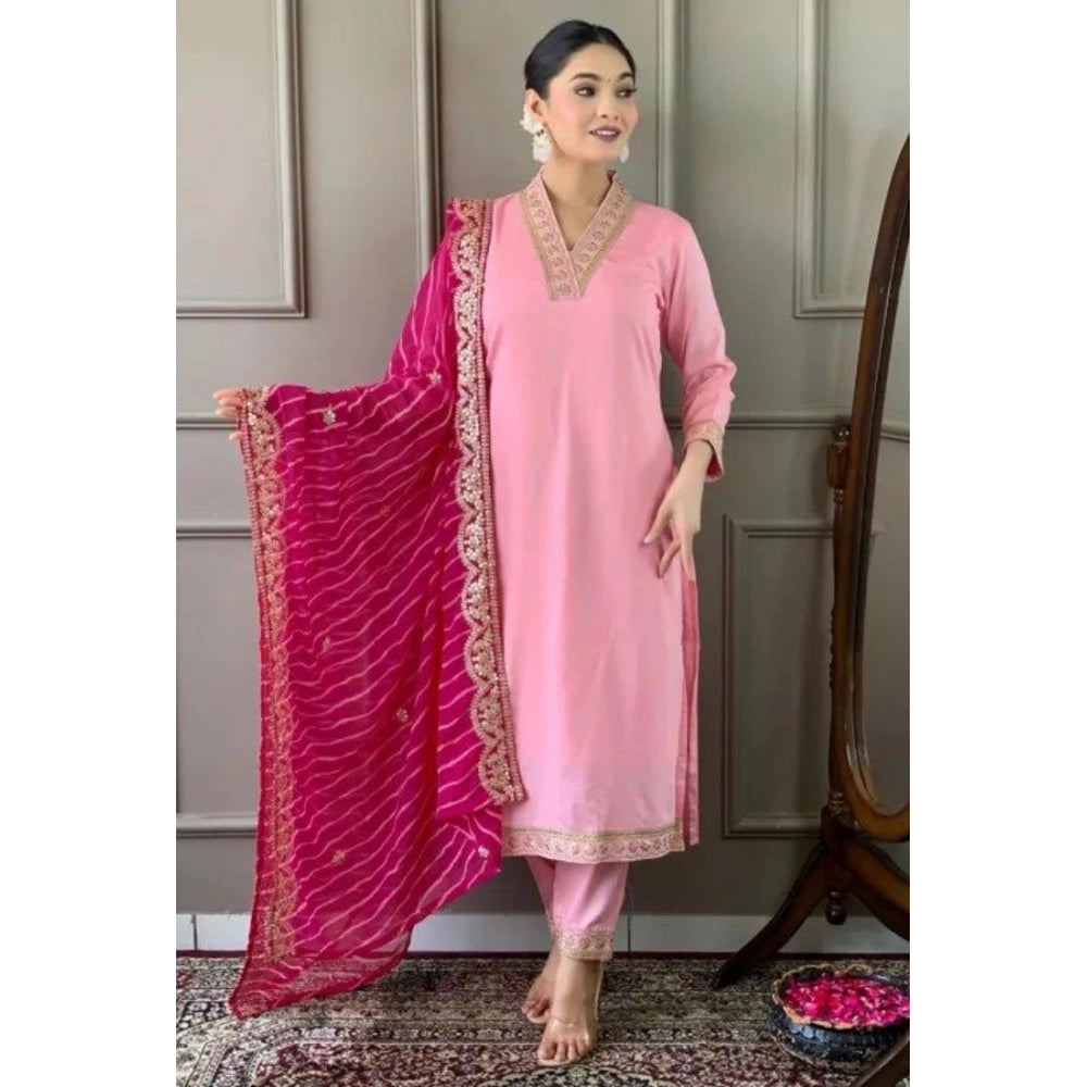 Women's Roman Silk Embroidery 3-4th Sleeve V-Neck Kurti With Pant Dupatta Set (Pink) - VANSHELLE