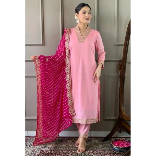 Women's Roman Silk Embroidery 3-4th Sleeve V-Neck Kurti With Pant Dupatta Set (Pink) - VANSHELLE