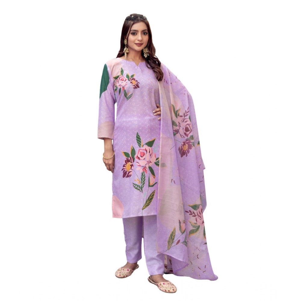 Women'S Cotton Blend Printed Kurti With Pant Dupatta Set (Lave