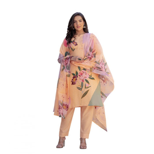 Women'S Cotton Blend Printed Kurti With Pant Dupatta Set (Oran