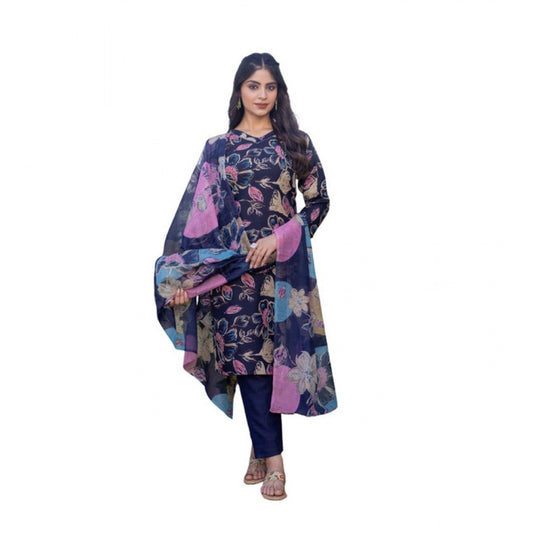 Women'S Cotton Blend Printed Kurti With Pant Dupatta Set (Navy