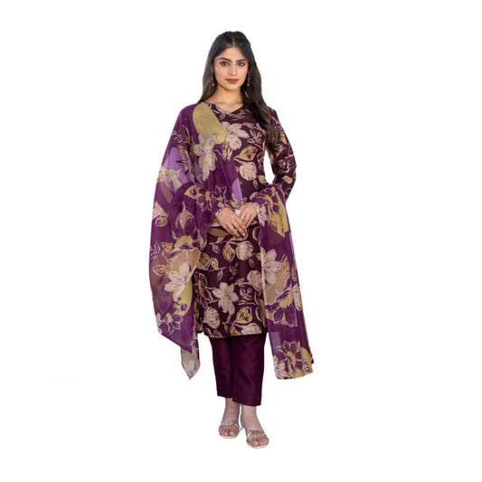 Women'S Cotton Blend Printed Kurti With Pant Dupatta Set (Purp