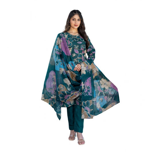 Women'S Cotton Blend Printed Kurti With Pant Dupatta Set (Rama
