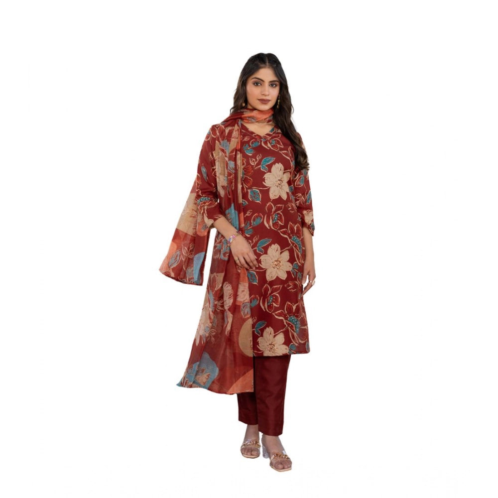 Women'S Cotton Blend Printed Kurti With Pant Dupatta Set (Rust