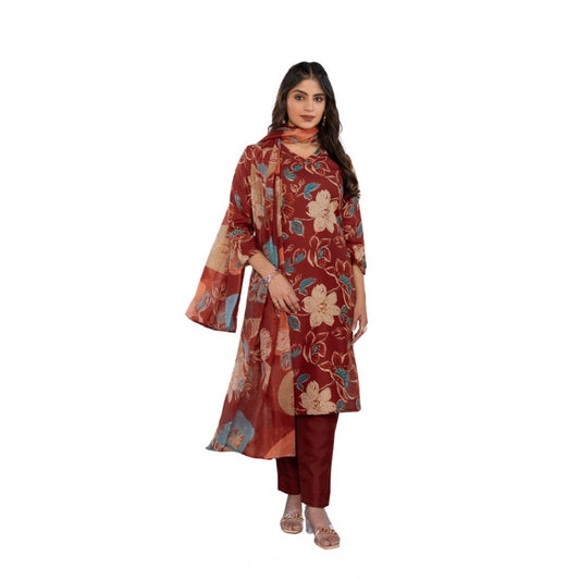 Women'S Cotton Blend Printed Kurti With Pant Dupatta Set (Rust