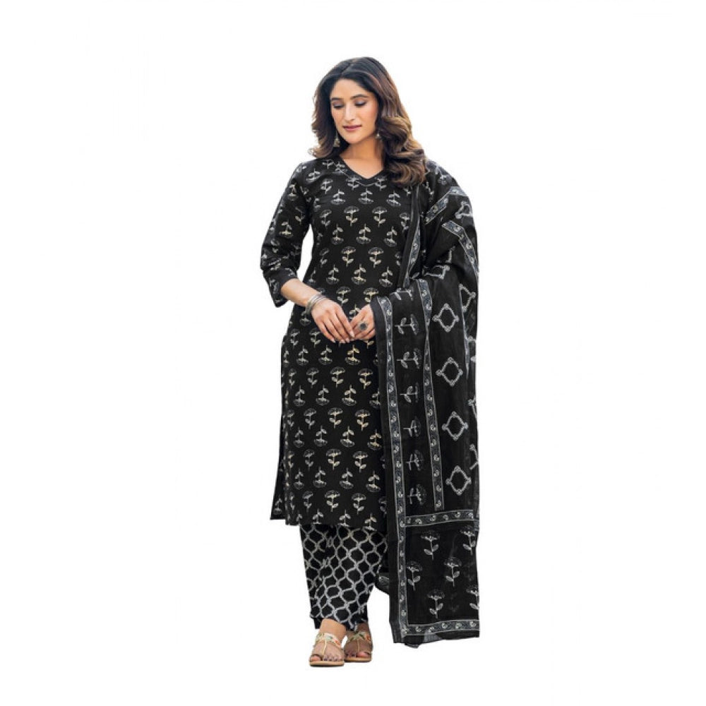 Women's Cotton Blend Printed Kurti With Pant Dupatta Set - Black