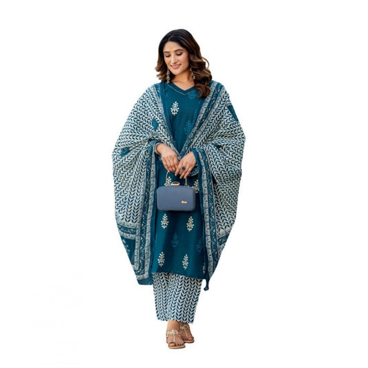 Women'S Cotton Blend Printed Kurti With Pant Dupatta Set (Morp