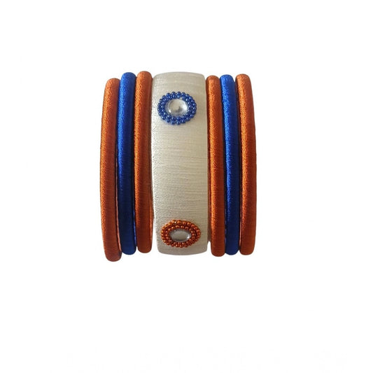 Women'S Plastic Silk Thread Bangles (White-Brown-Blue, Size: 2