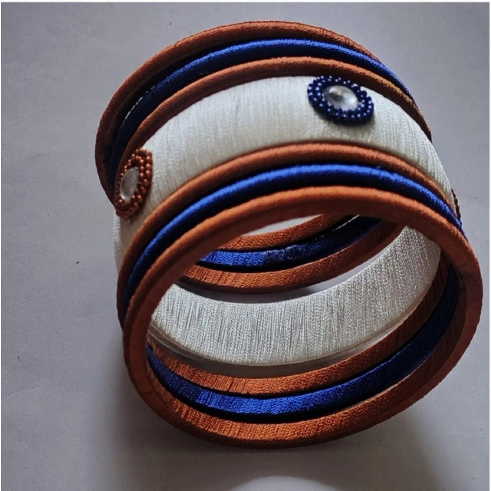 Women'S Plastic Silk Thread Bangles (White-Brown-Blue, Size: 2