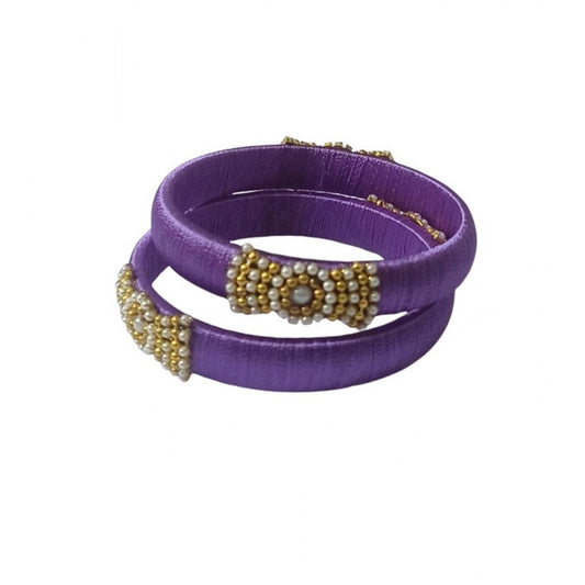 Women'S Plastic Silk Thread Bangles (Light Violet, Size: 2.4)