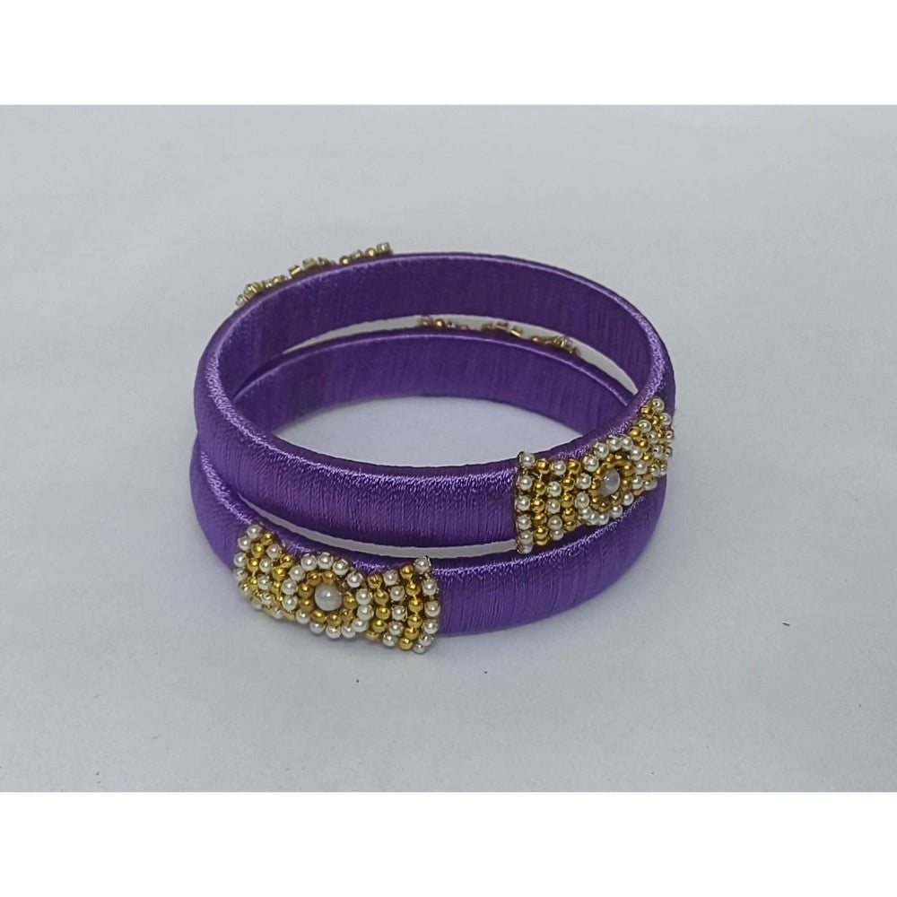 Women'S Plastic Silk Thread Bangles (Light Violet, Size: 2.4)