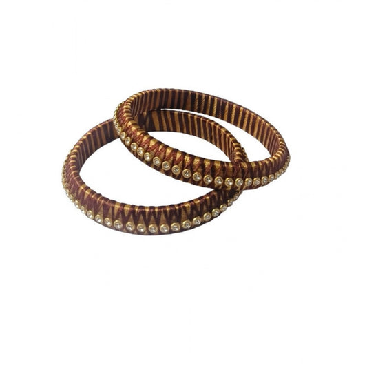 Women'S Plastic Silk Thread Bangles (Gold-Dark Brown, Size: 2.