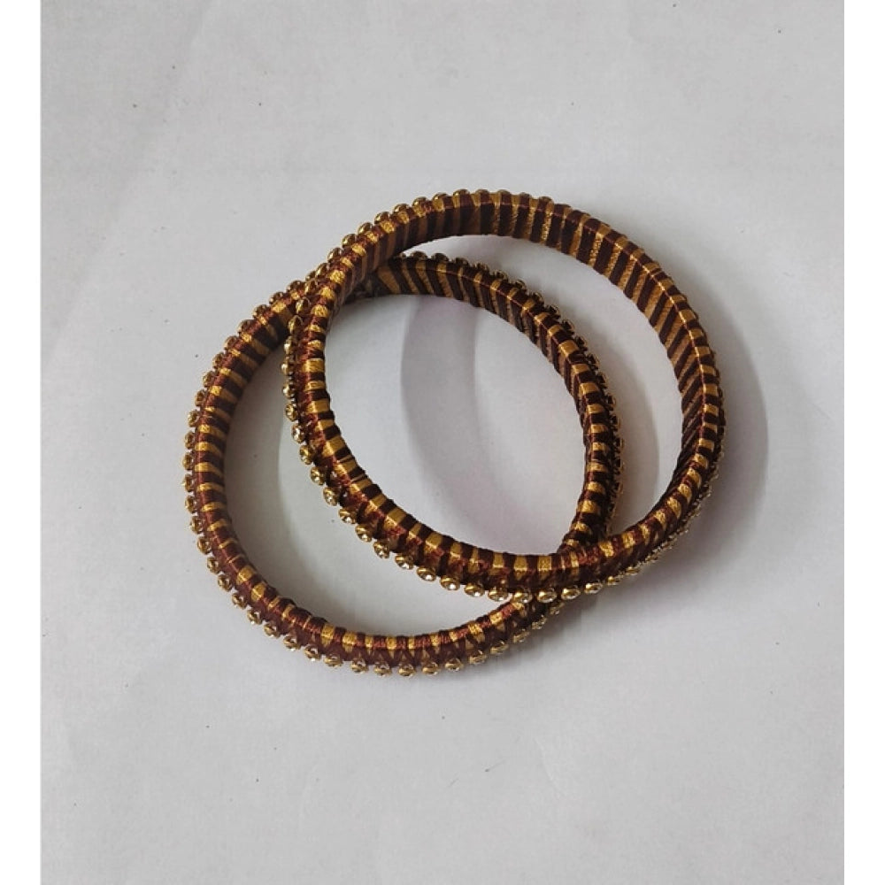 Women'S Plastic Silk Thread Bangles (Gold-Dark Brown, Size: 2.