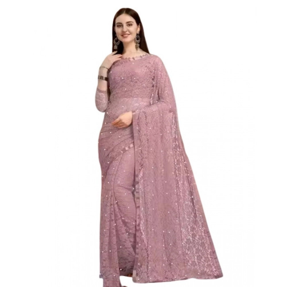 Women's Net Self Design Saree With Unstitched Blouse 5.5Mtr (Light Brown) - VANSHELLE