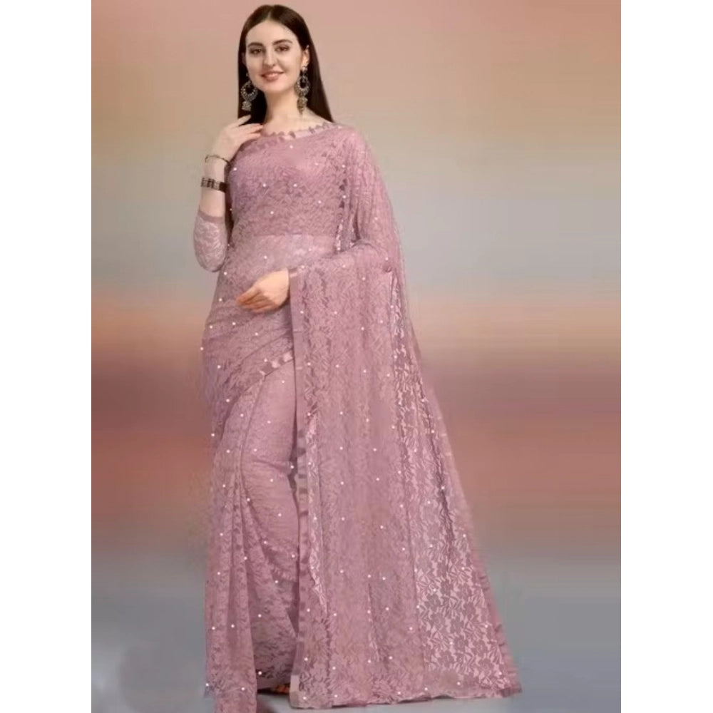 Women's Net Self Design Saree With Unstitched Blouse 5.5Mtr (Light Brown) - VANSHELLE