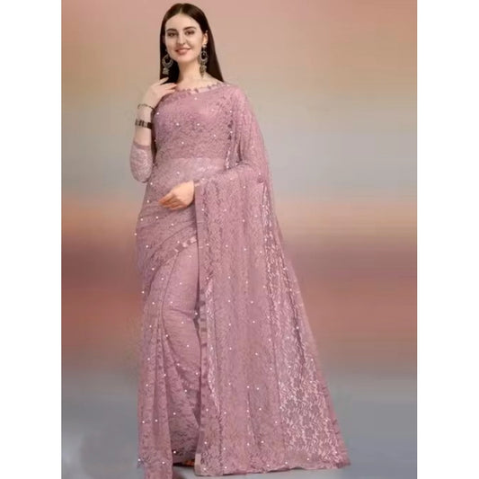 Women's Net Self Design Saree With Unstitched Blouse 5.5Mtr (Light Brown) - VANSHELLE