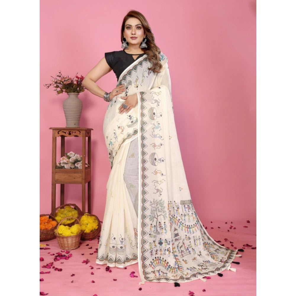 Women's Linen Cotton Printed Saree With Unstitched Blouse 5.5Mtr (Off White) - VANSHELLE