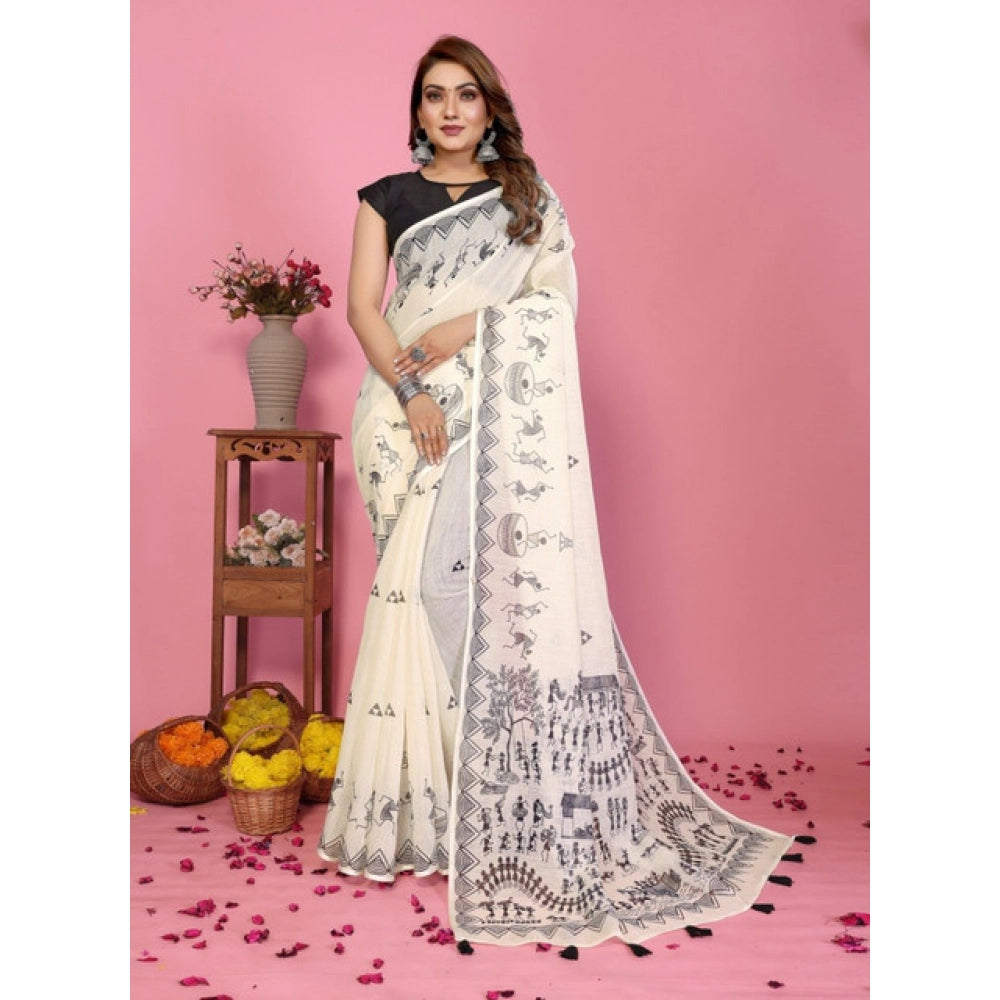 Women's Linen Cotton Printed Saree With Unstitched Blouse 5.5Mtr (Off White) - VANSHELLE