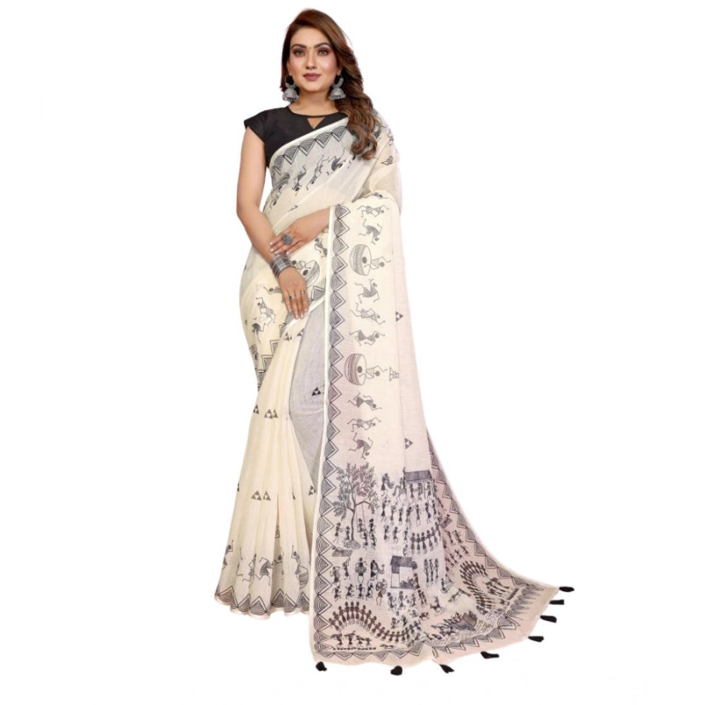 Women'S Linen Cotton Printed Saree With Unstitched Blouse 5.5M
