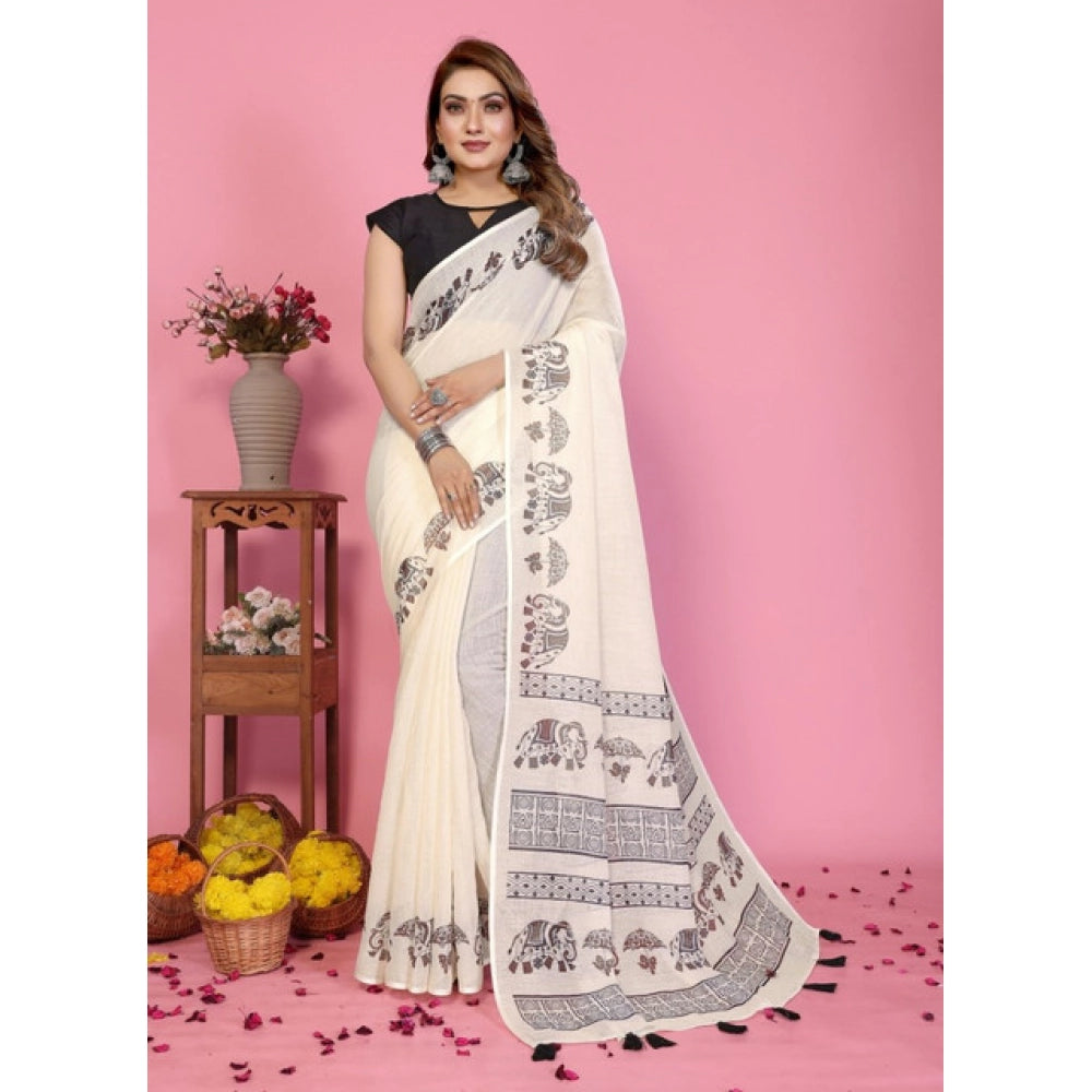 Women's Linen Cotton Printed Saree With Unstitched Blouse 5.5Mtr (Off White) - VANSHELLE