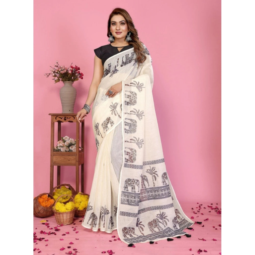 Women's Linen Cotton Printed Saree With Unstitched Blouse 5.5Mtr (Off White) - VANSHELLE