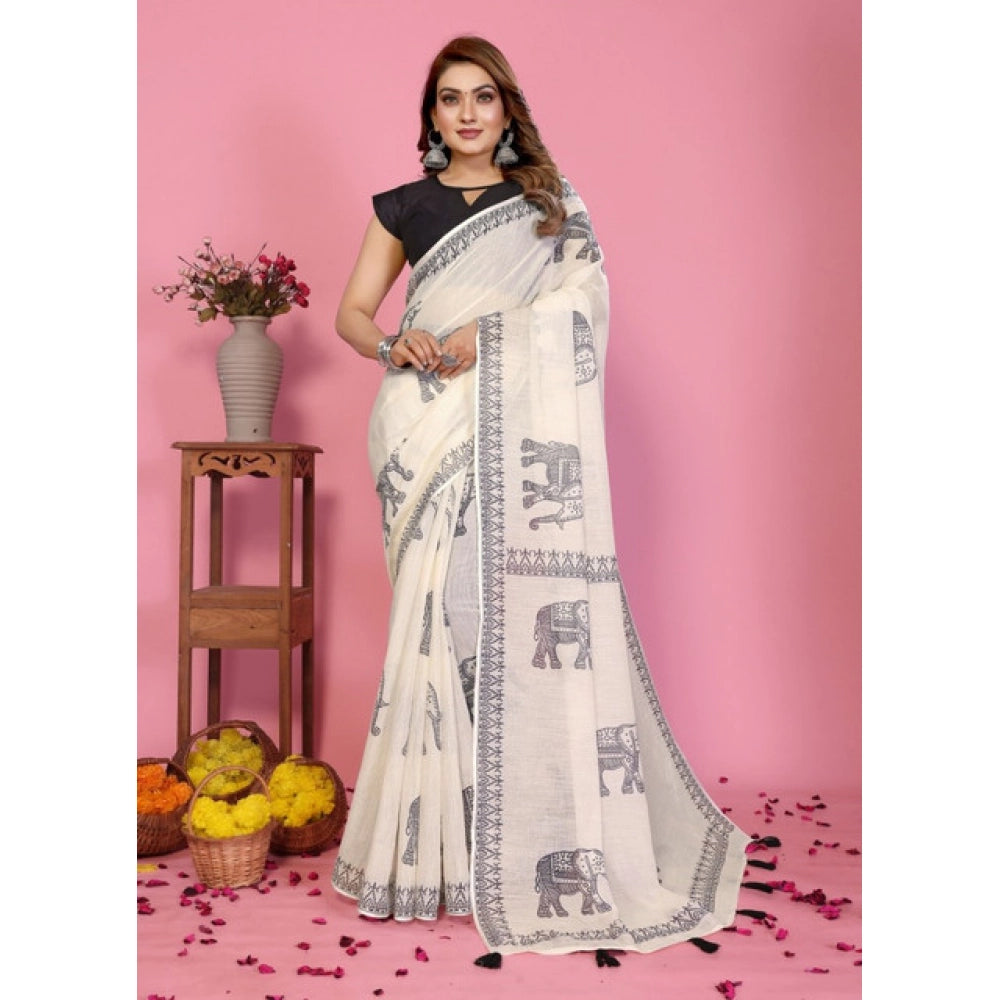Women's Linen Cotton Printed Saree With Unstitched Blouse 5.5Mtr (Off White) - VANSHELLE