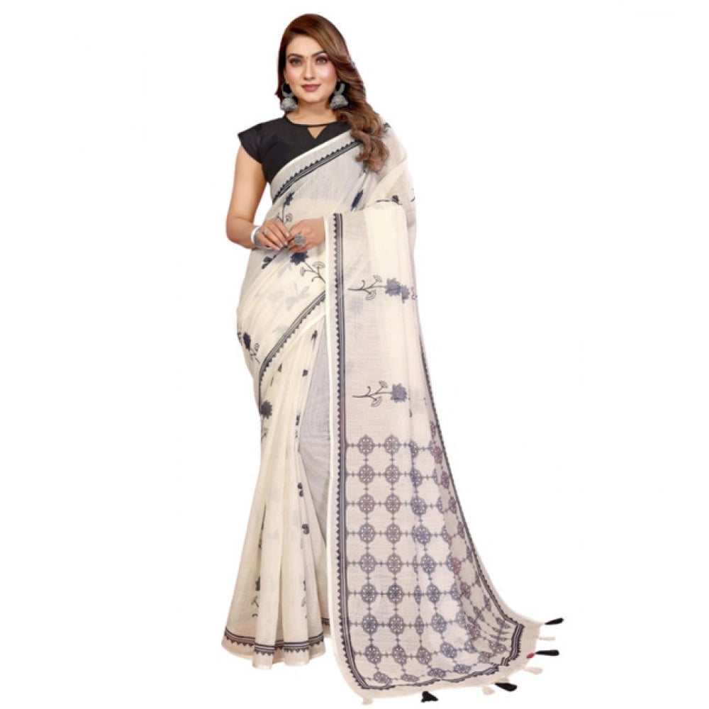 Women's Linen Cotton Printed Saree With Unstitched Blouse 5.5Mtr (Off White) - VANSHELLE