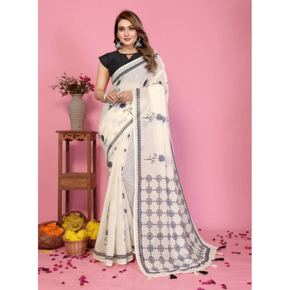 Women'S Linen Cotton Printed Saree With Unstitched Blouse 5.5M