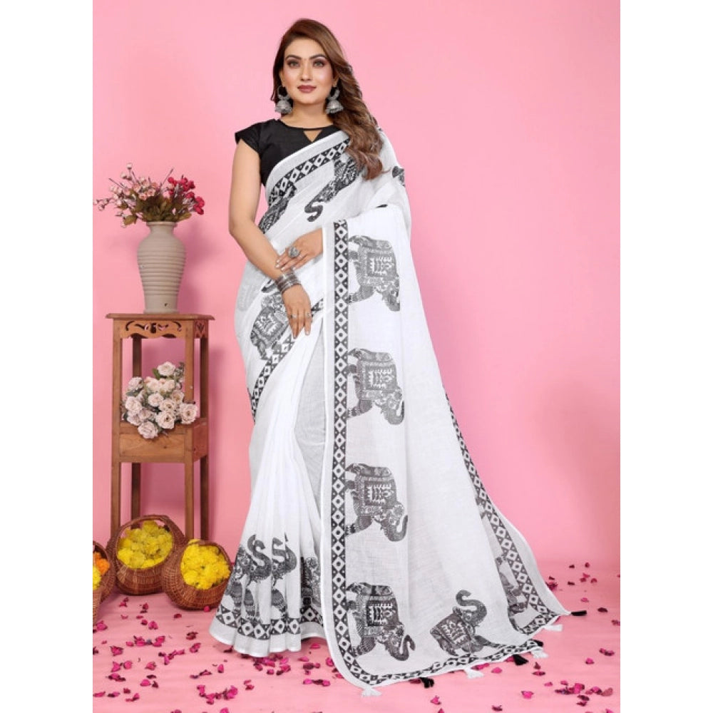 Women'S Linen Cotton Printed Saree With Unstitched Blouse 5.5M