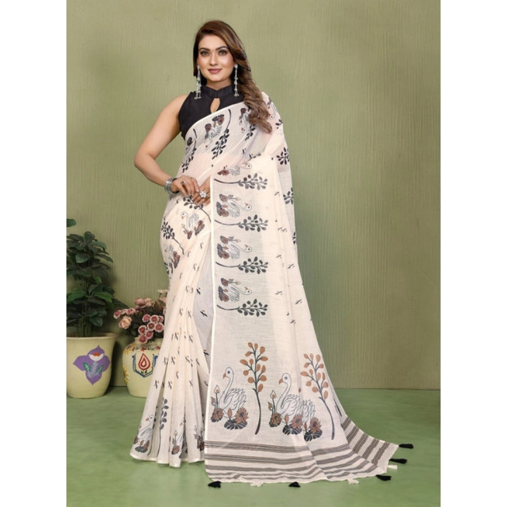 Women's Linen Cotton Printed Saree With Unstitched Blouse 5.5Mtr (Off White) - VANSHELLE