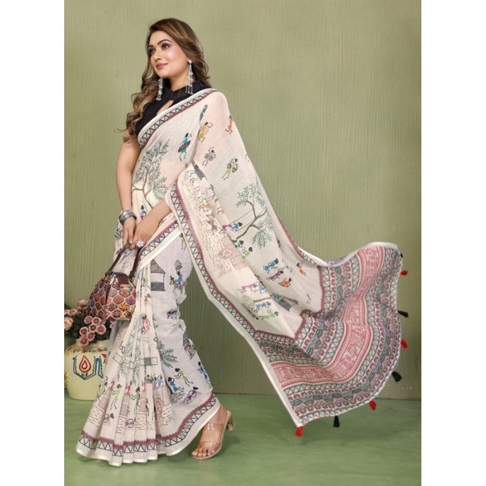 Women's Linen Cotton Printed Saree With Unstitched Blouse 5.5Mtr (Off White) - VANSHELLE