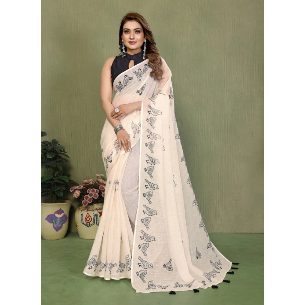 Women's Linen Cotton Printed Saree With Unstitched Blouse 5.5Mtr (Off White) - VANSHELLE