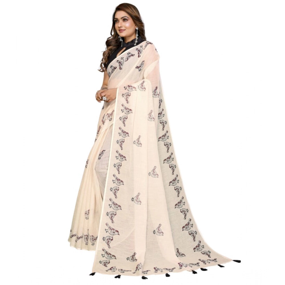 Women's Linen Cotton Printed Saree With Unstitched Blouse 5.5Mtr (Off White) - VANSHELLE