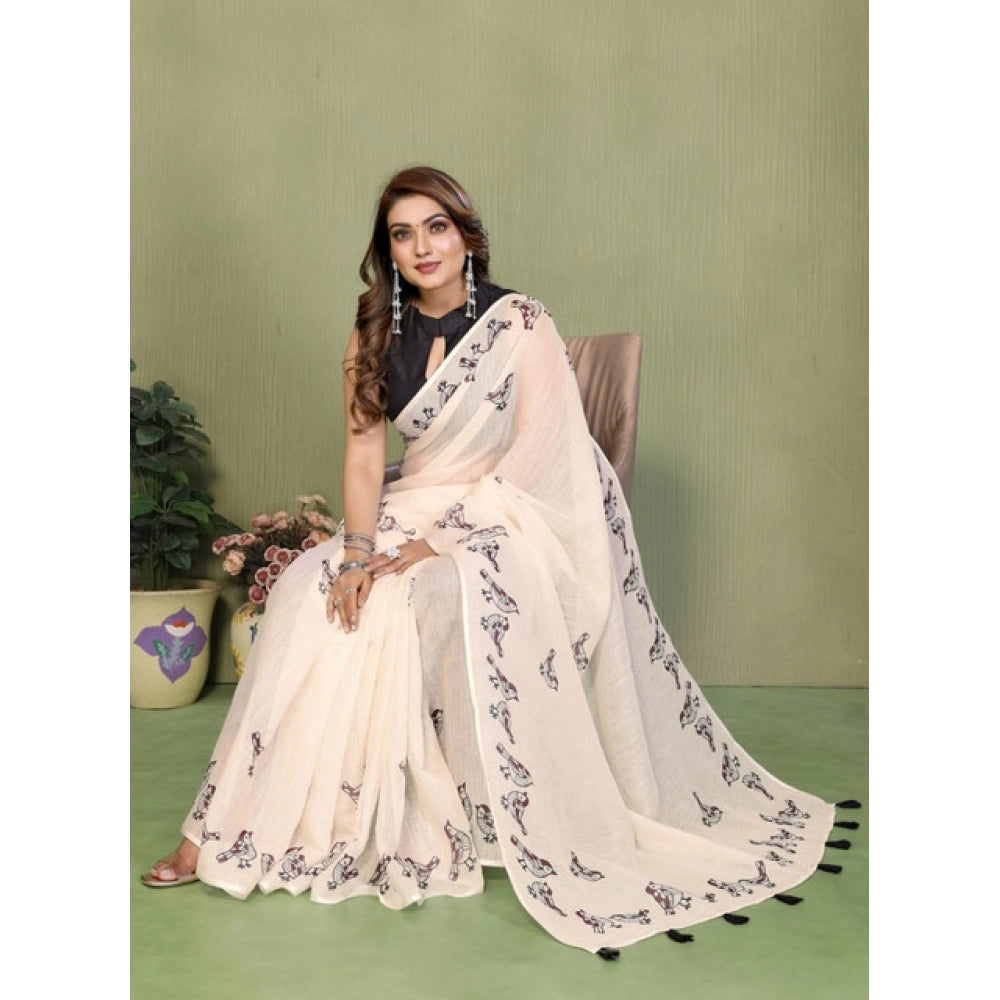 Women'S Linen Cotton Printed Saree With Unstitched Blouse 5.5M