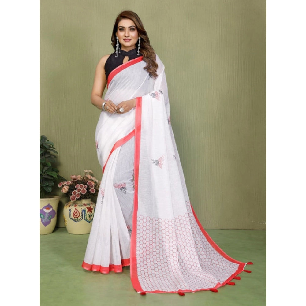 Women's Linen Cotton Printed Saree With Unstitched Blouse 5.5Mtr (White) - VANSHELLE