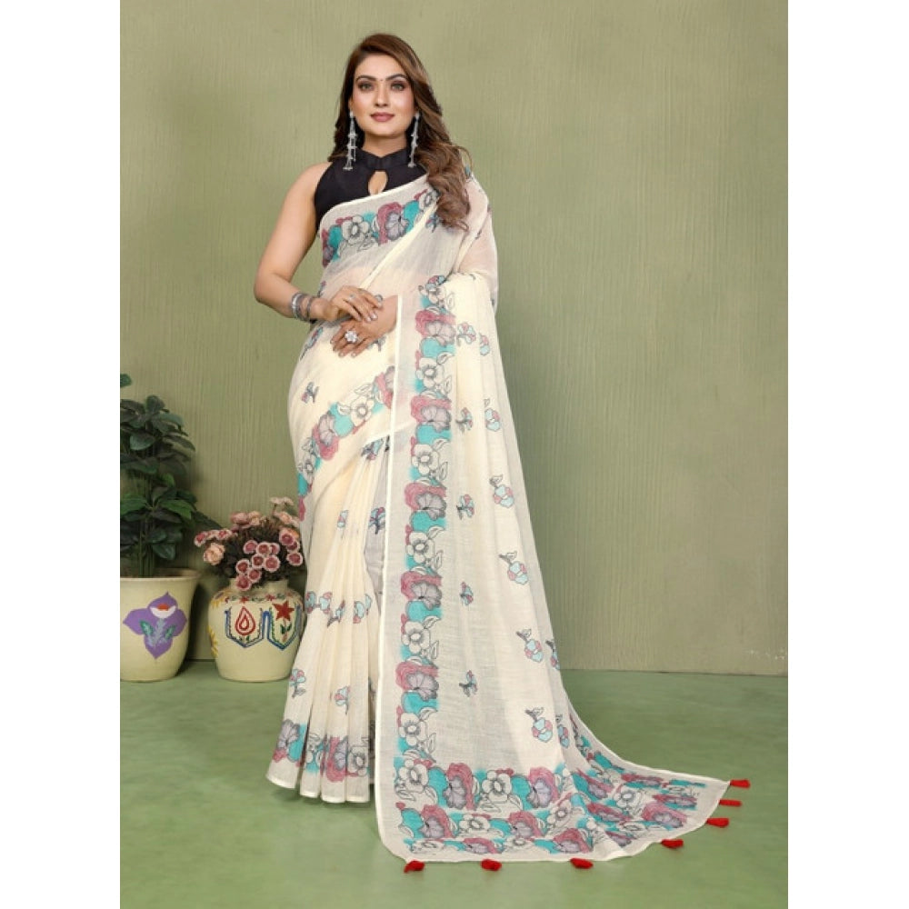 Women's Linen Cotton Printed Saree With Unstitched Blouse 5.5Mtr (Off White) - VANSHELLE