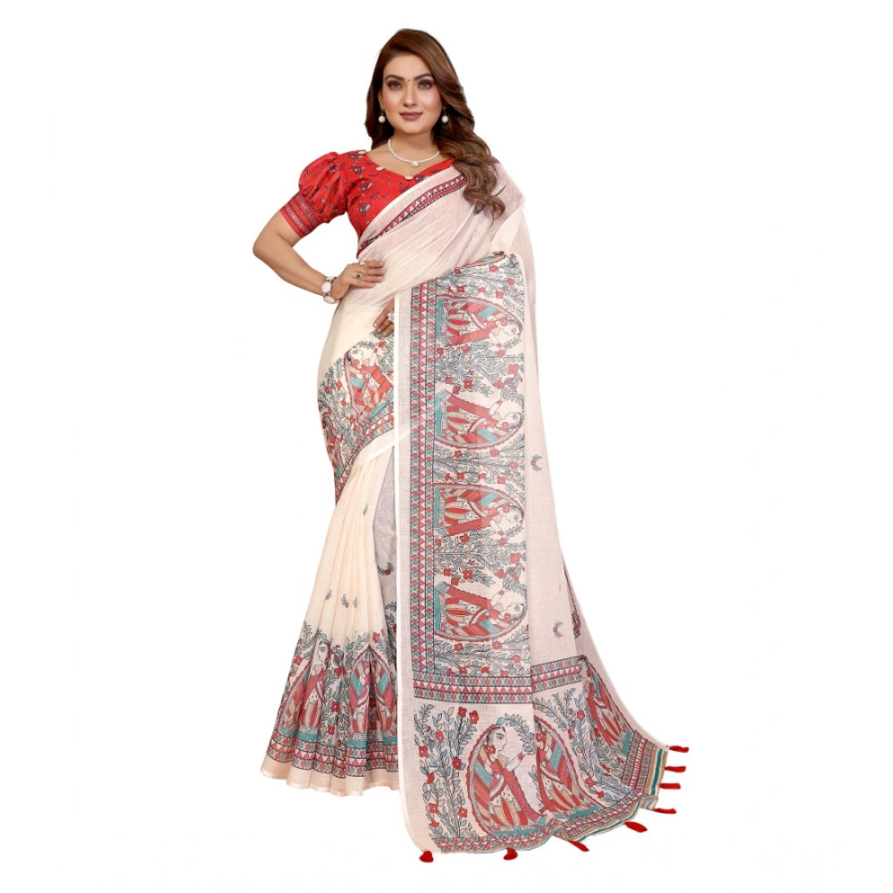 Women's Linen Cotton Printed Saree With Unstitched Blouse 5.5Mtr (Off White) - VANSHELLE