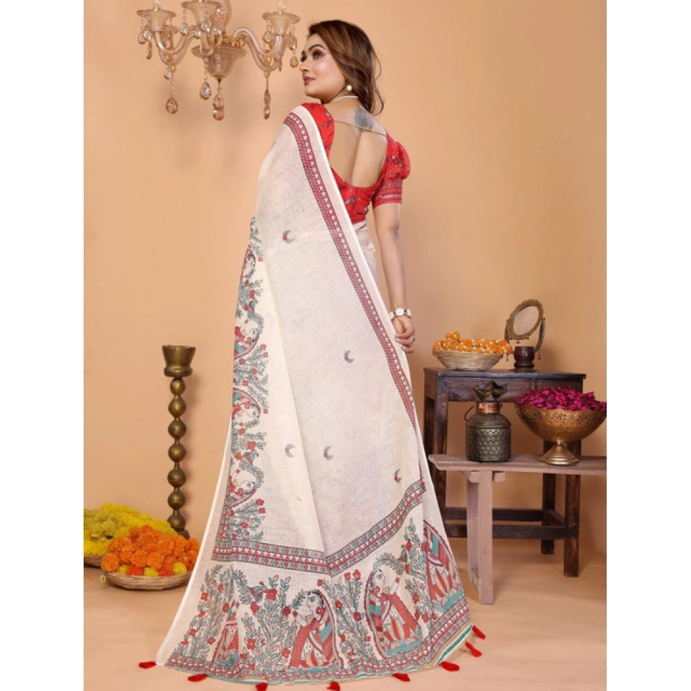 Women's Linen Cotton Printed Saree With Unstitched Blouse 5.5Mtr (Off White) - VANSHELLE